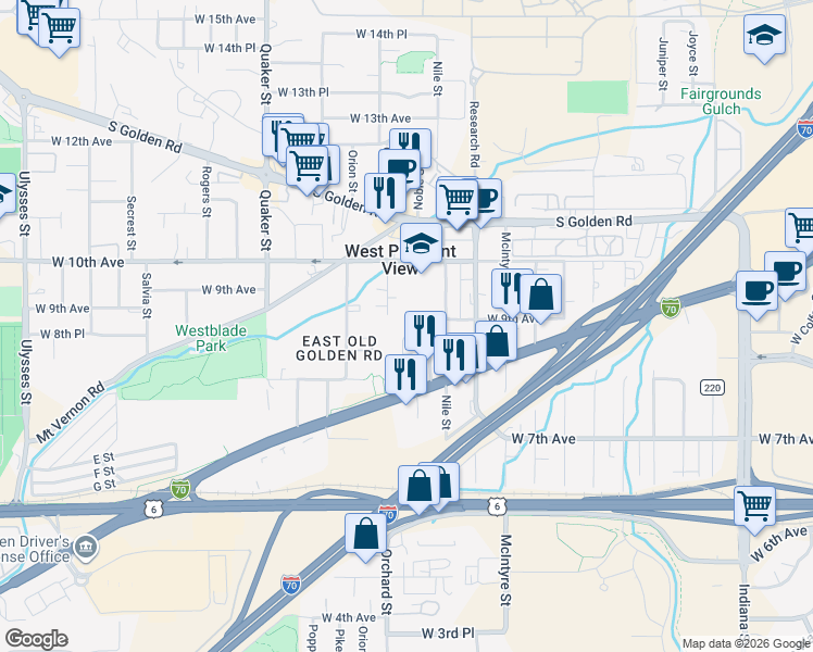 map of restaurants, bars, coffee shops, grocery stores, and more near 895 Nile Court in Golden