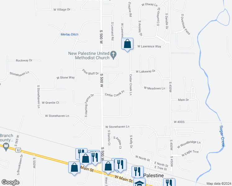 map of restaurants, bars, coffee shops, grocery stores, and more near 4896 Cedar Creek Place in New Palestine
