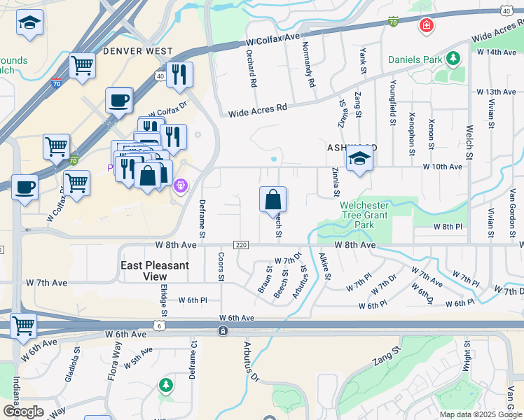 map of restaurants, bars, coffee shops, grocery stores, and more near 894 Braun Court in Golden