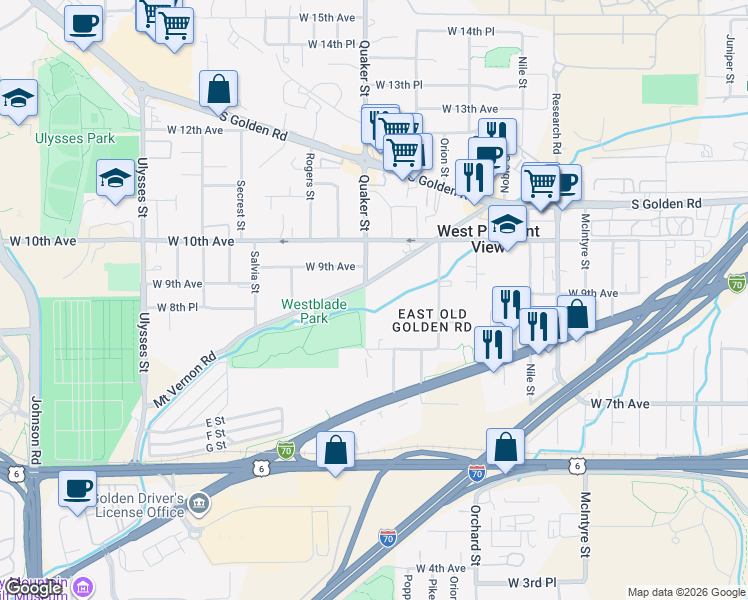 map of restaurants, bars, coffee shops, grocery stores, and more near 16380 Mount Vernon Road in Golden