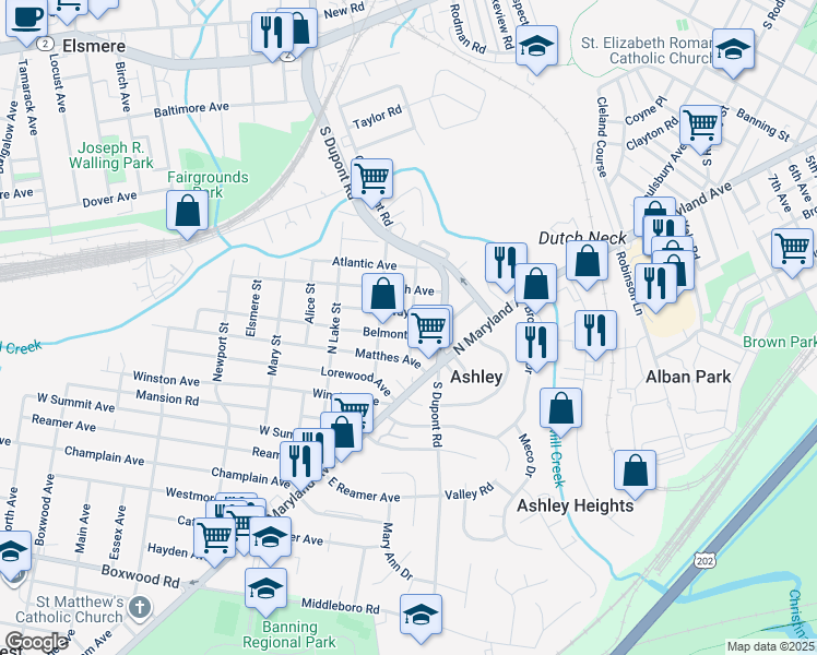 map of restaurants, bars, coffee shops, grocery stores, and more near 21 Belmont Avenue in Wilmington