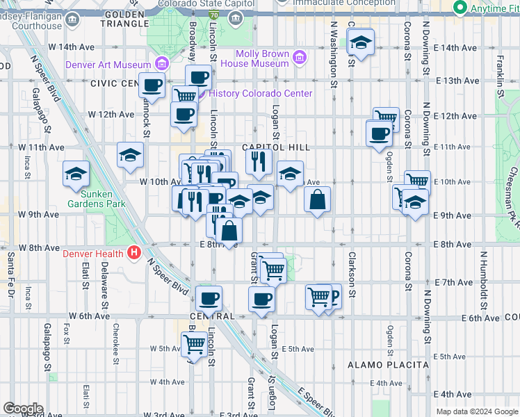 map of restaurants, bars, coffee shops, grocery stores, and more near 900 Grant Street in Denver