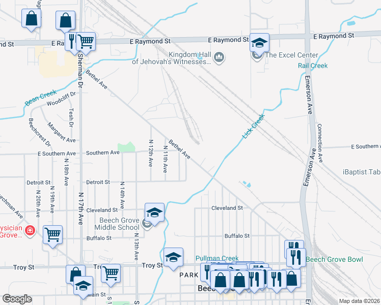 map of restaurants, bars, coffee shops, grocery stores, and more near 860 Bethel Avenue in Beech Grove