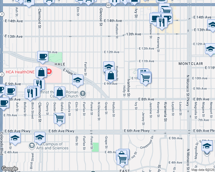 map of restaurants, bars, coffee shops, grocery stores, and more near 885 Grape Street in Denver