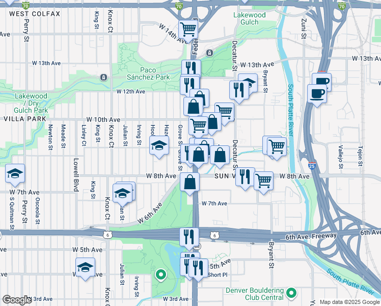 map of restaurants, bars, coffee shops, grocery stores, and more near 867 Federal Boulevard in Denver