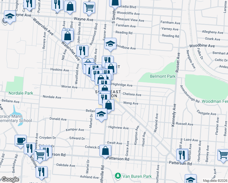 map of restaurants, bars, coffee shops, grocery stores, and more near in Dayton