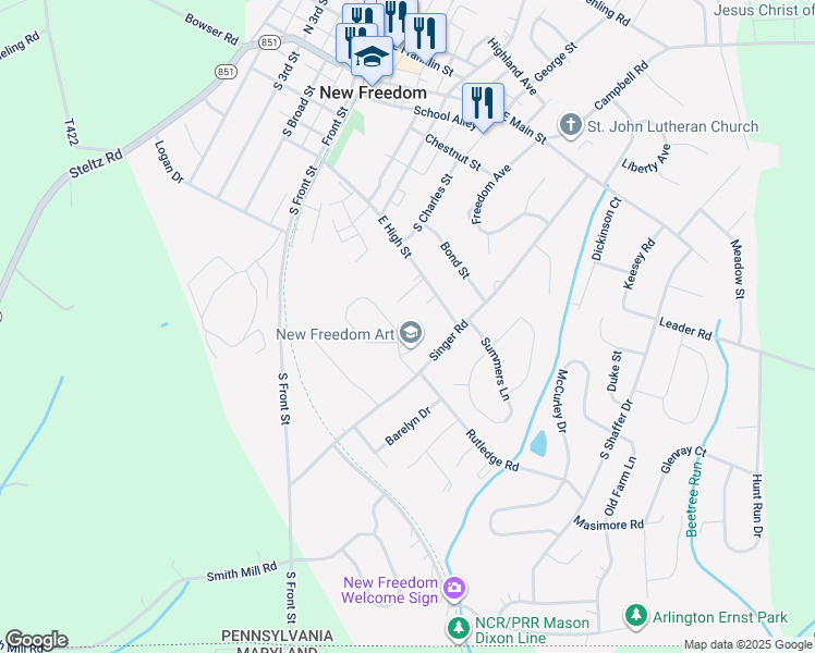 map of restaurants, bars, coffee shops, grocery stores, and more near 2238 Bailey Ave in New Freedom