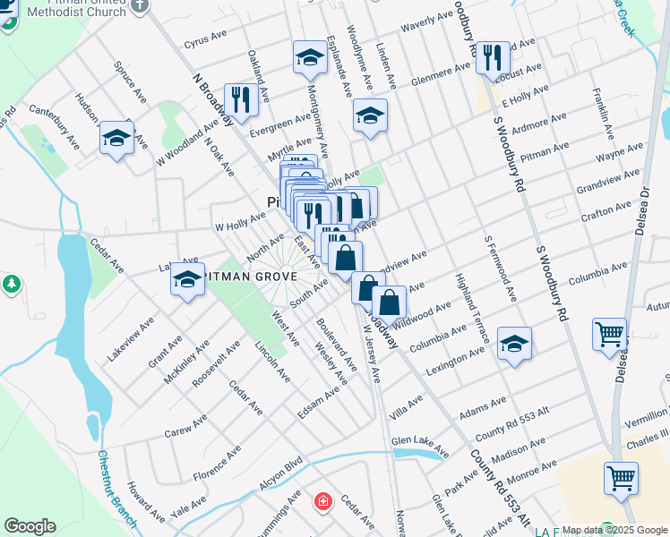 map of restaurants, bars, coffee shops, grocery stores, and more near 148 South Broadway in Pitman