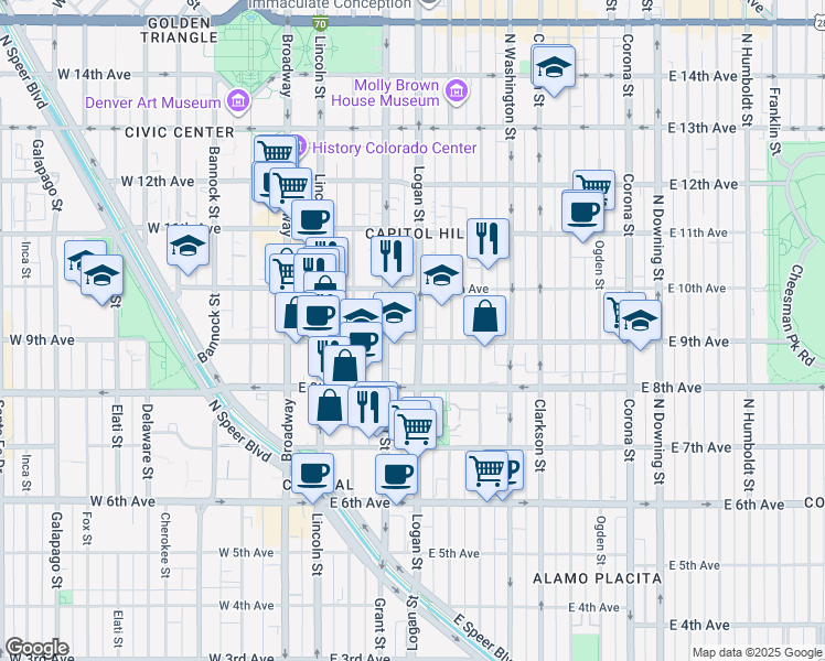 map of restaurants, bars, coffee shops, grocery stores, and more near in Denver
