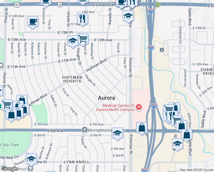 map of restaurants, bars, coffee shops, grocery stores, and more near 911 Victor Street in Aurora
