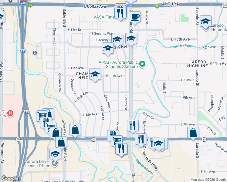 map of restaurants, bars, coffee shops, grocery stores, and more near 15050 East 10th Avenue in Aurora