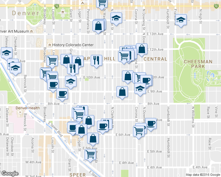 map of restaurants, bars, coffee shops, grocery stores, and more near 900 North Clarkson street in Denver
