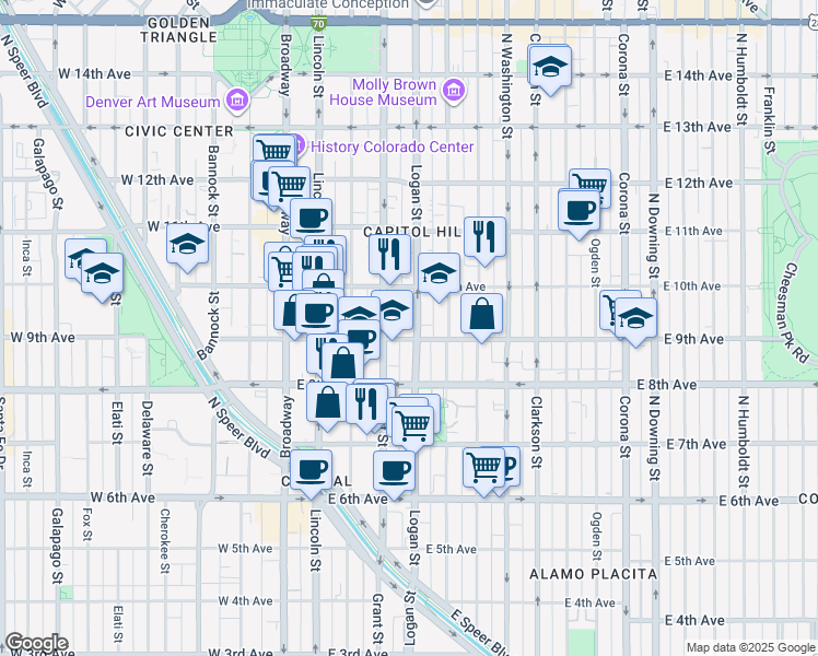 map of restaurants, bars, coffee shops, grocery stores, and more near in Denver