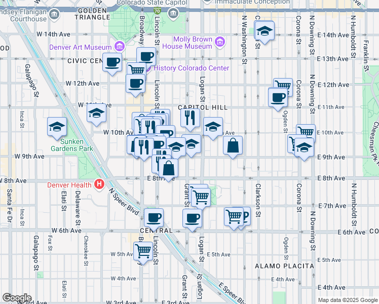 map of restaurants, bars, coffee shops, grocery stores, and more near in Denver