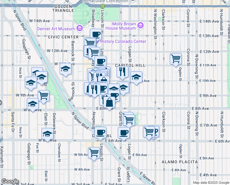 map of restaurants, bars, coffee shops, grocery stores, and more near 150-198 East 9th Avenue in Denver