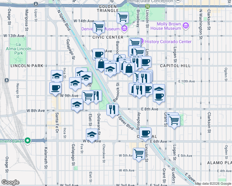 map of restaurants, bars, coffee shops, grocery stores, and more near 909 Speer Boulevard in Denver