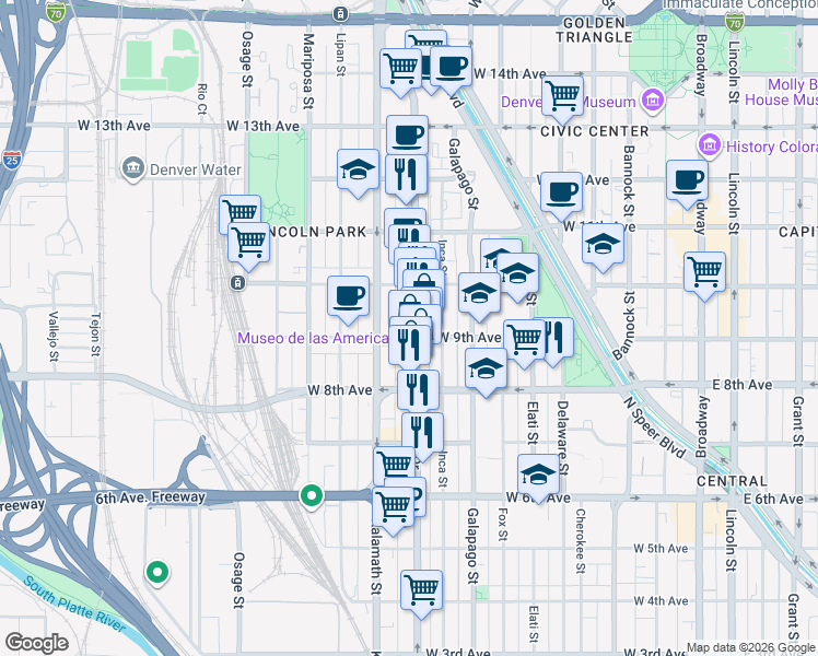map of restaurants, bars, coffee shops, grocery stores, and more near 871 Santa Fe Drive in Denver