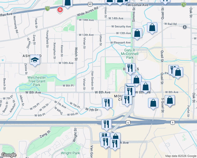 map of restaurants, bars, coffee shops, grocery stores, and more near 878 Urban Street in Lakewood