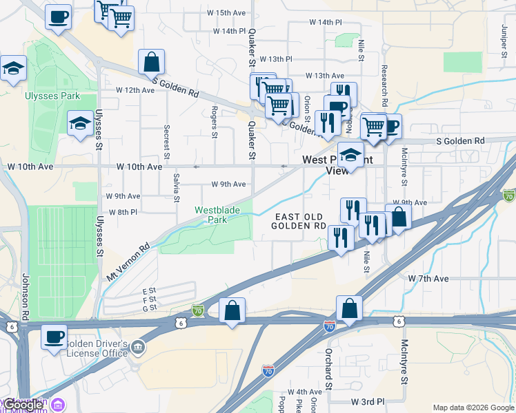 map of restaurants, bars, coffee shops, grocery stores, and more near 16380 Mount Vernon Road in Golden