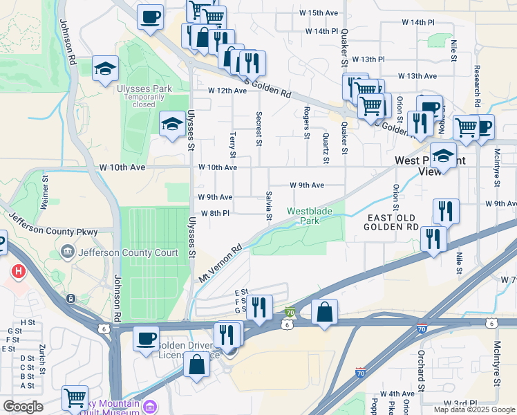 map of restaurants, bars, coffee shops, grocery stores, and more near 840 Salvia Street in Golden
