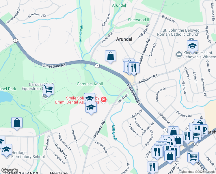 map of restaurants, bars, coffee shops, grocery stores, and more near 16 Thunder Hollow Road in Wilmington