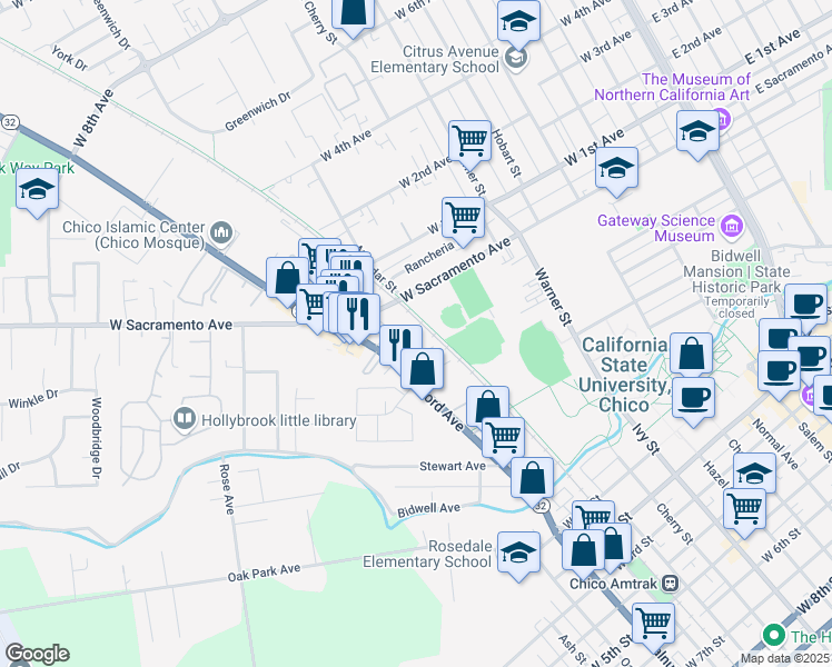 map of restaurants, bars, coffee shops, grocery stores, and more near 828 Nord Avenue in Chico
