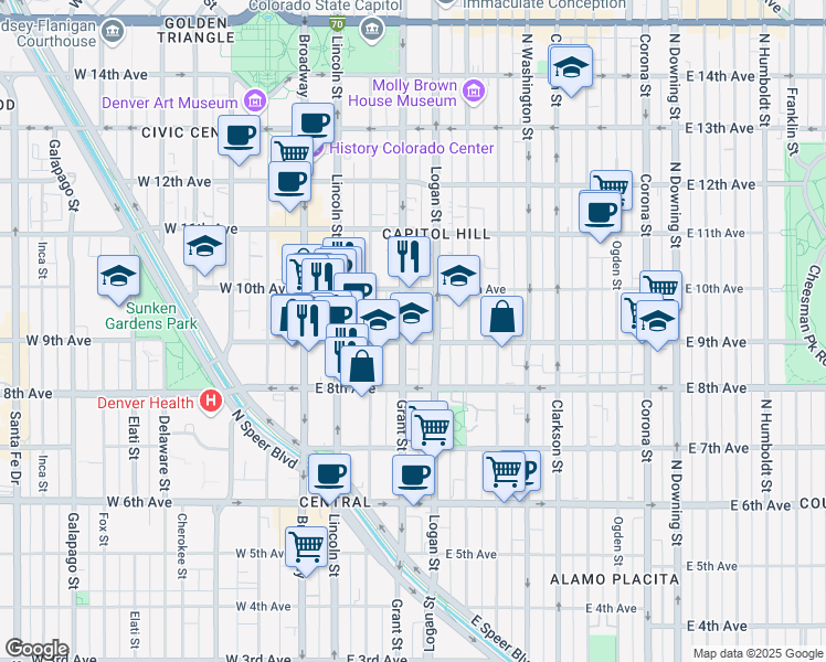 map of restaurants, bars, coffee shops, grocery stores, and more near in Denver