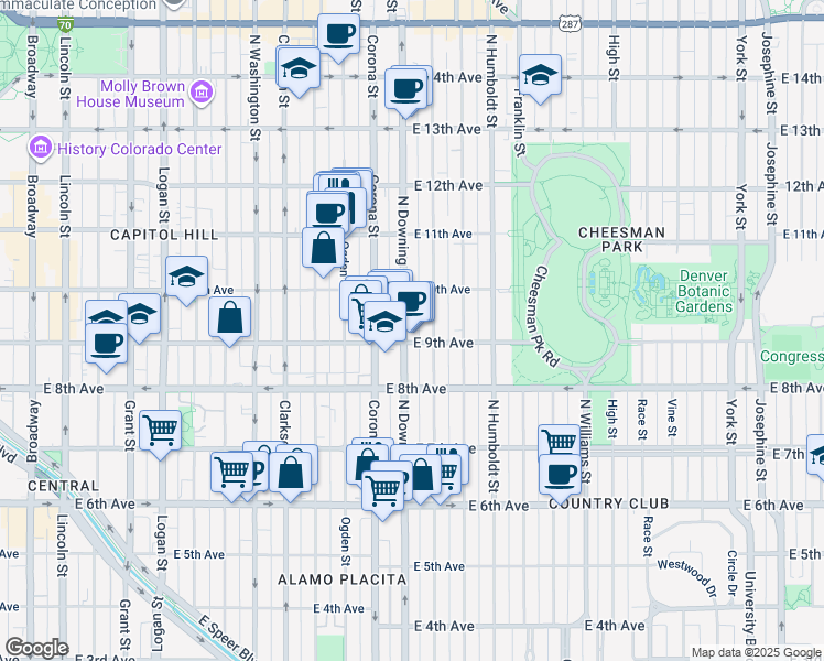 map of restaurants, bars, coffee shops, grocery stores, and more near 910 North Downing Street in Denver