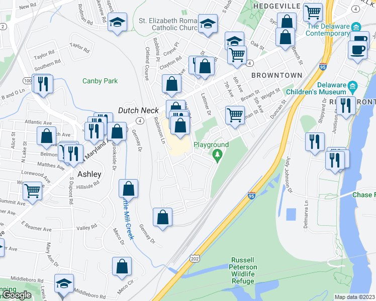 map of restaurants, bars, coffee shops, grocery stores, and more near 1607 Bonwood Road in Wilmington