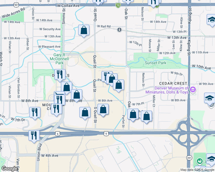map of restaurants, bars, coffee shops, grocery stores, and more near 883 Parfet Street in Lakewood