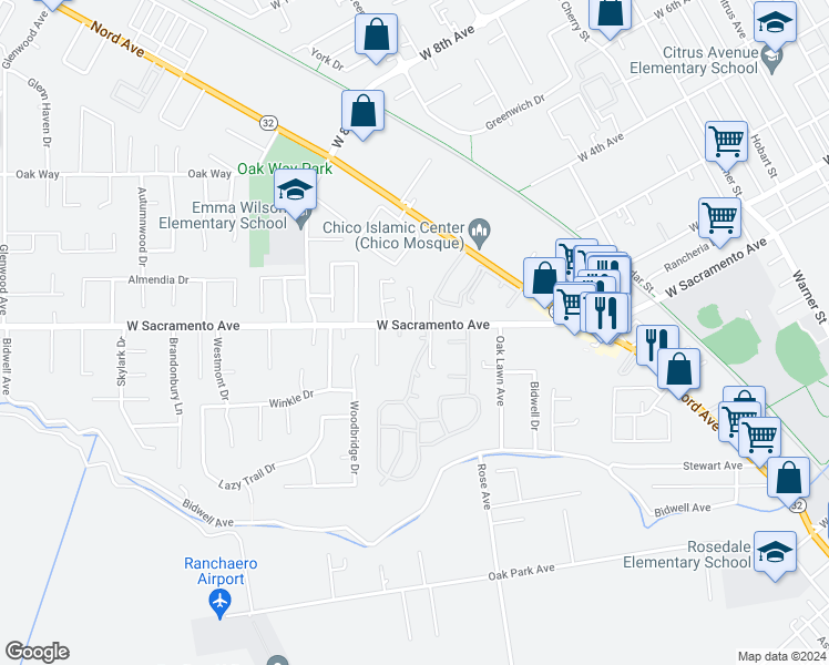 map of restaurants, bars, coffee shops, grocery stores, and more near 887 Ashbury Court in Chico