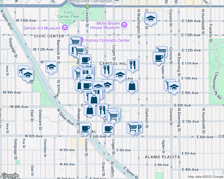 map of restaurants, bars, coffee shops, grocery stores, and more near 909 Logan Street in Denver