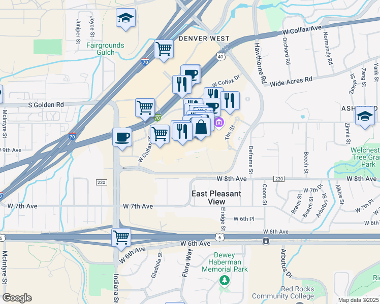 map of restaurants, bars, coffee shops, grocery stores, and more near 14520 West Colfax Avenue in Lakewood