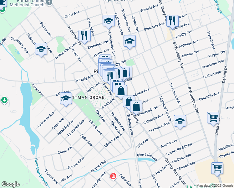 map of restaurants, bars, coffee shops, grocery stores, and more near 148 South Broadway in Pitman