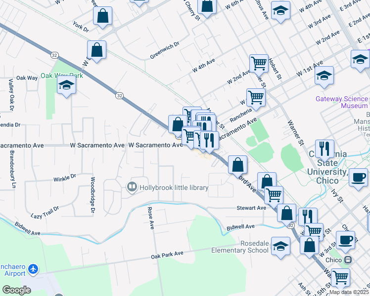 map of restaurants, bars, coffee shops, grocery stores, and more near 995 Nord Avenue in Chico