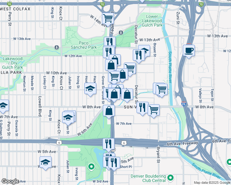 map of restaurants, bars, coffee shops, grocery stores, and more near 2930 West 9th Avenue in Denver
