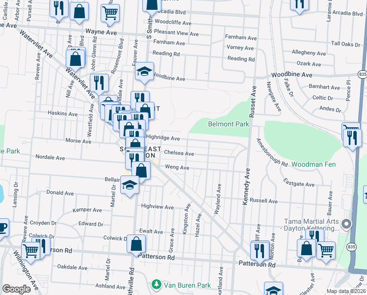 map of restaurants, bars, coffee shops, grocery stores, and more near 935 Chelsea Avenue in Dayton