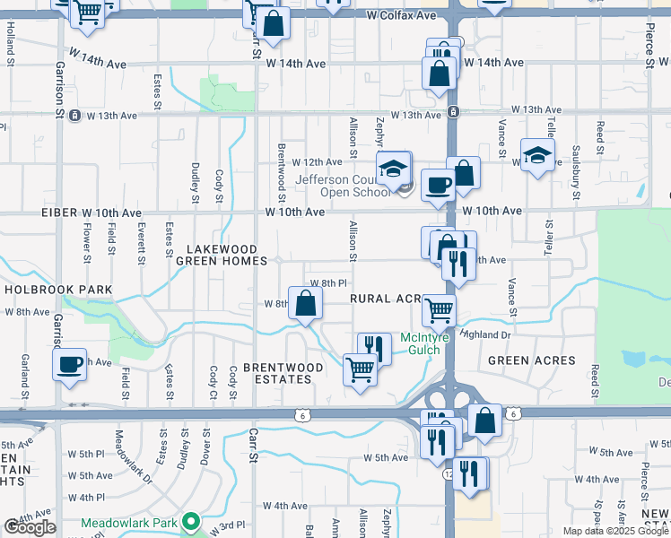 map of restaurants, bars, coffee shops, grocery stores, and more near 8085 West 8th Place in Lakewood