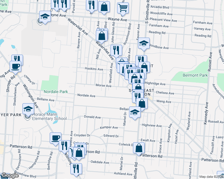 map of restaurants, bars, coffee shops, grocery stores, and more near 807 Nordale Avenue in Dayton