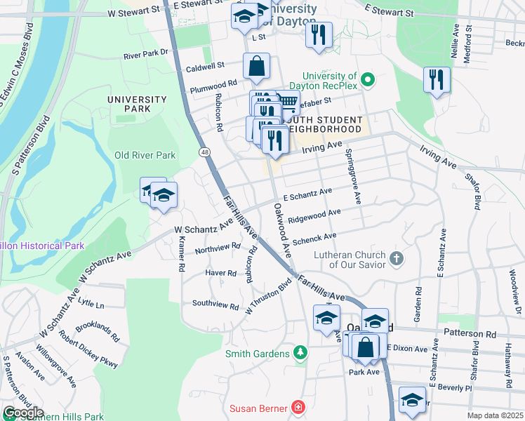 map of restaurants, bars, coffee shops, grocery stores, and more near 229 Oakwood Avenue in Dayton