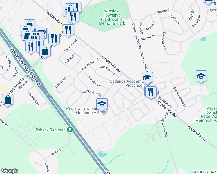map of restaurants, bars, coffee shops, grocery stores, and more near 24 Sheridan Drive in Sicklerville
