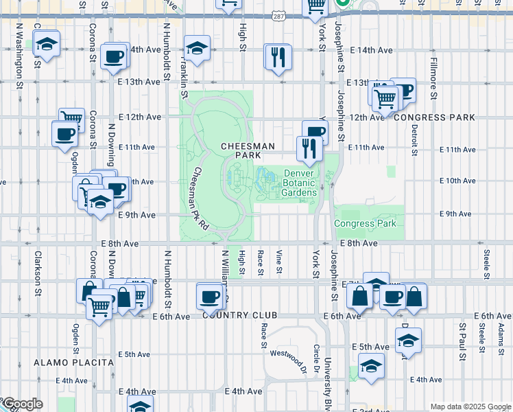 map of restaurants, bars, coffee shops, grocery stores, and more near 901 Race Street in Denver