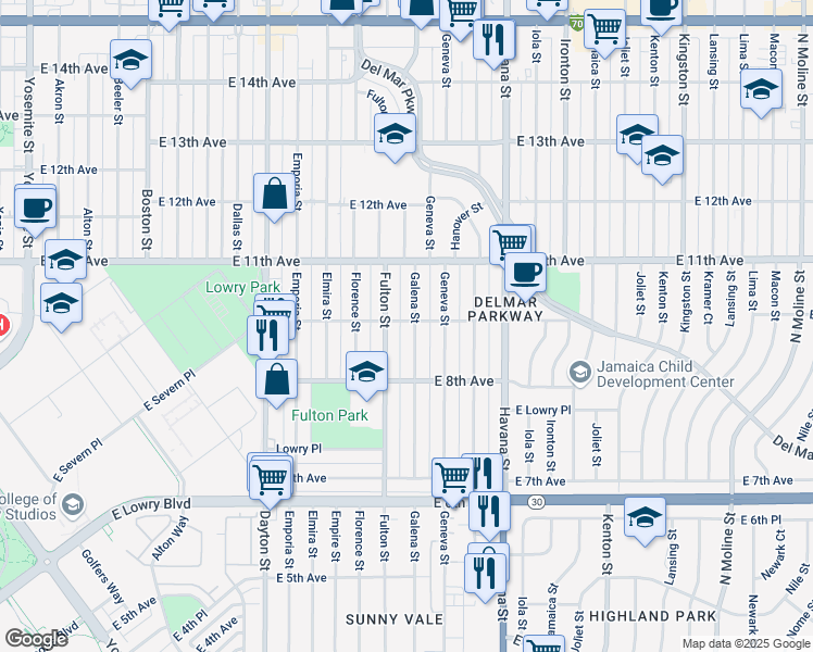 map of restaurants, bars, coffee shops, grocery stores, and more near 909 Galena Street in Aurora