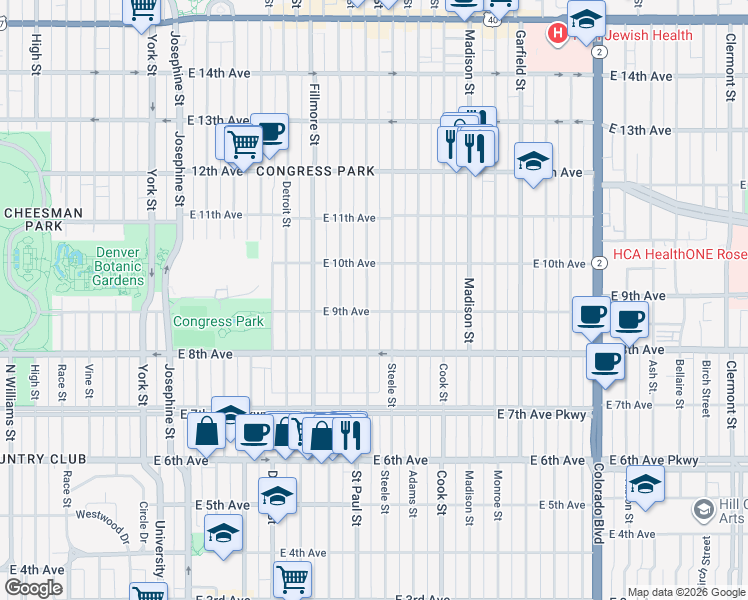 map of restaurants, bars, coffee shops, grocery stores, and more near 884 Saint Paul Street in Denver