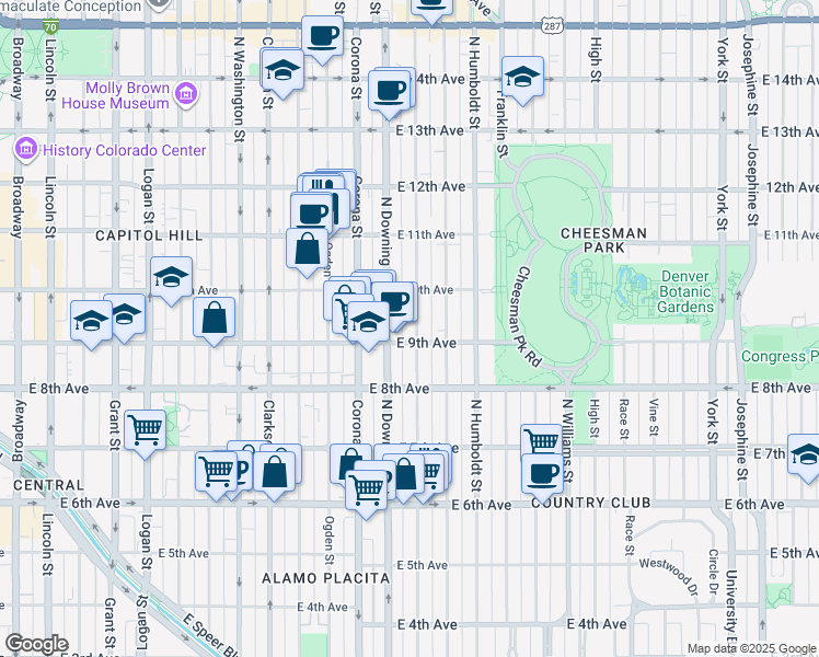 map of restaurants, bars, coffee shops, grocery stores, and more near 1301 East 9th Avenue in Denver