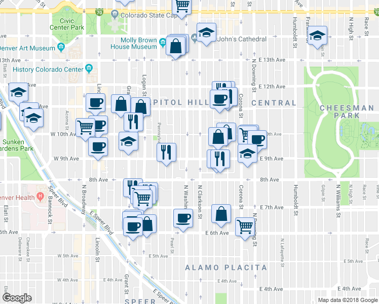 map of restaurants, bars, coffee shops, grocery stores, and more near 901 North Washington Street in Denver