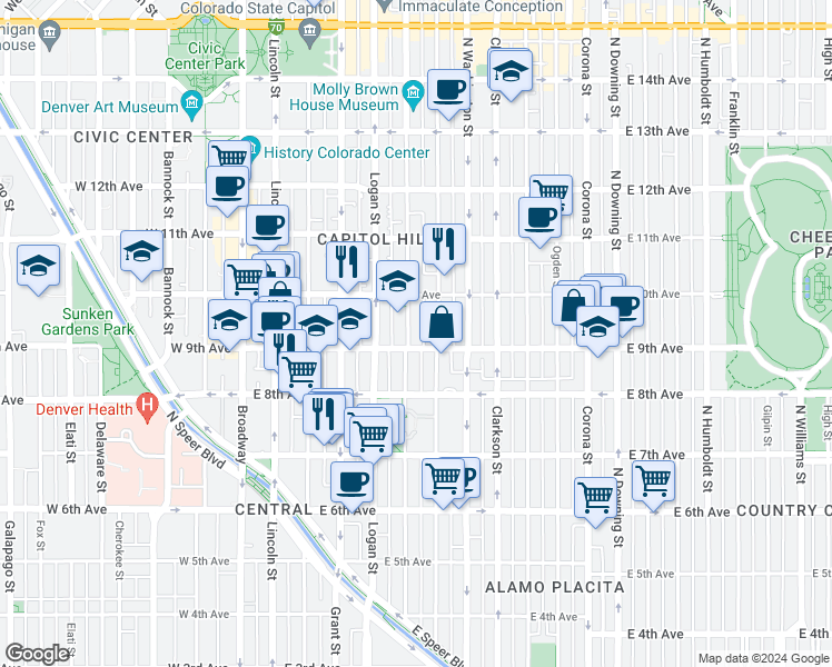 map of restaurants, bars, coffee shops, grocery stores, and more near 900 Pennsylvania Street in Denver