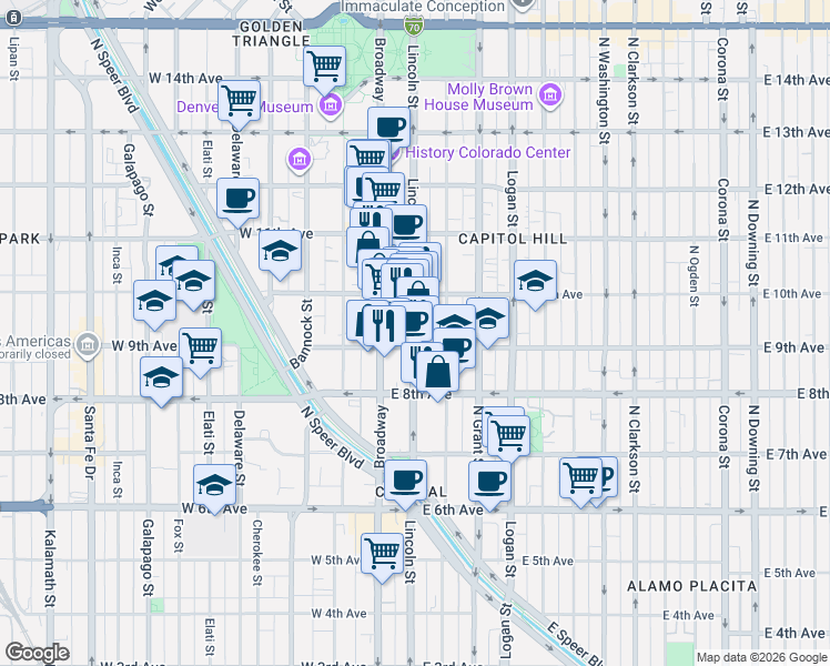 map of restaurants, bars, coffee shops, grocery stores, and more near 925 Lincoln Street in Denver