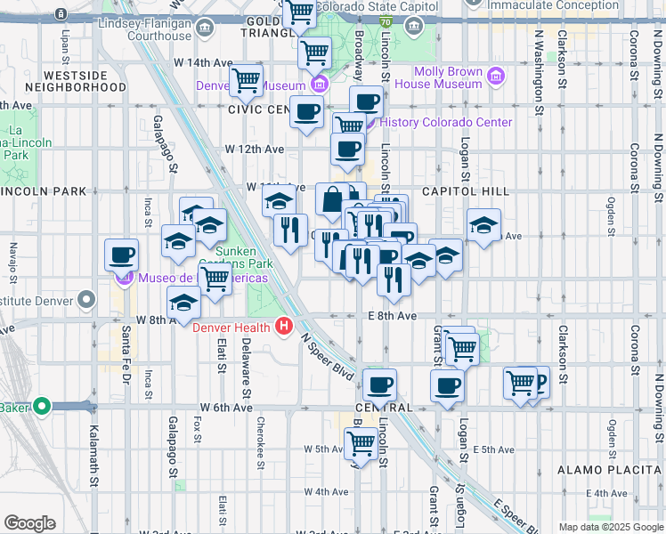 map of restaurants, bars, coffee shops, grocery stores, and more near 43 West 9th Avenue in Denver