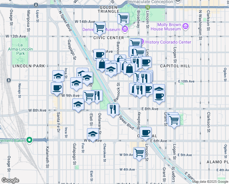 map of restaurants, bars, coffee shops, grocery stores, and more near 909 Speer Boulevard in Denver